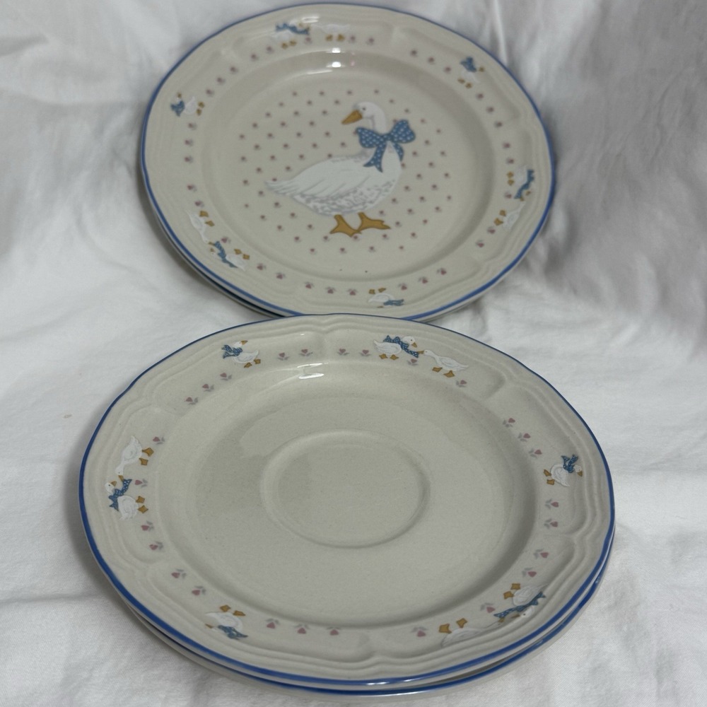 Brickoven Aunt Rhody Goose Stoneware Salad Plate & 2 Saucers Vintage Set
